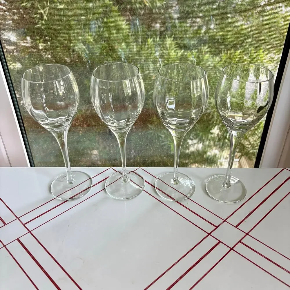 Vintage Blown Optic Wine Glasses Set of 4 Clear Faceted Stemware